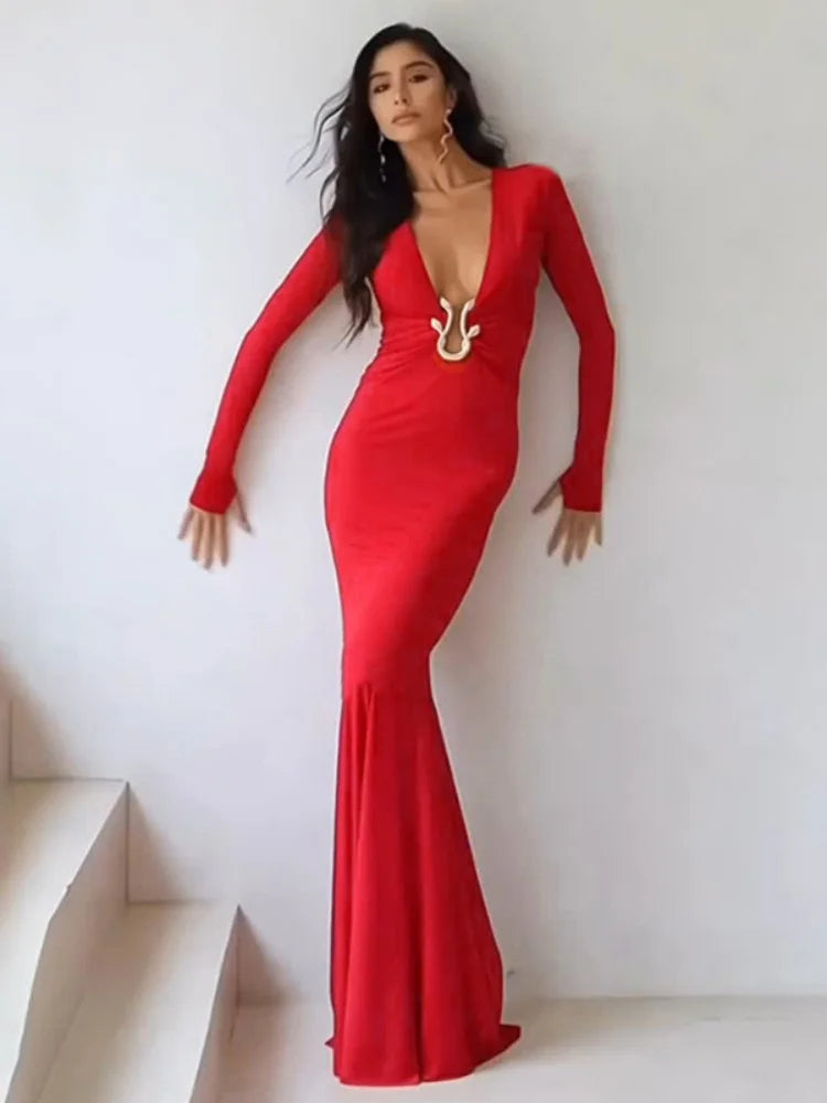 Hardwear Detail Deep V Neck Long Sleeve Maxi Dresses Red Black Party Dress Woman Elegant Fall 2025