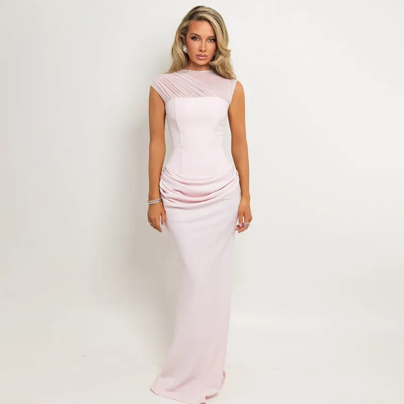 Sheer Mesh Patchwork Fishtail Maxi Dress Pink Black Party Dresses Woman Elegant Luxury Ball Gowns