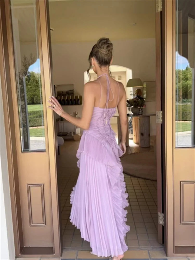 Ruched Ruffles Elegant Maxi Dress Women Halter Off Shoulder Backless Splits Robe Summer Fashion Solid Long Bodycon