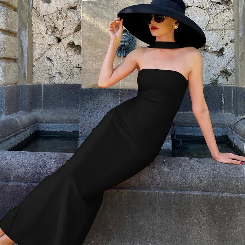 Halter Backless Split Long Dresses French Style Elegant Beautiful Ladies Dress White Black Red