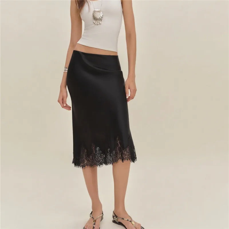Women Silk Satin Half Slip Long Skirts Lace Patchwork Elastic Waist Long Skirt Elegant Silky Flowy A Line Midi Skirts