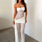 Lace Strapless Jumpsuits Women Ruched Sash Wrap Flare Pants See Through Mesh Bodycon Romper Night Club Party Jumpsuit