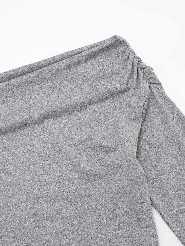 Sporty Tracksuits 2-Piece Set Women Slash Neck Crop Top+Ruched Pants Matching Simple Stretch Skinny Casual Outfits