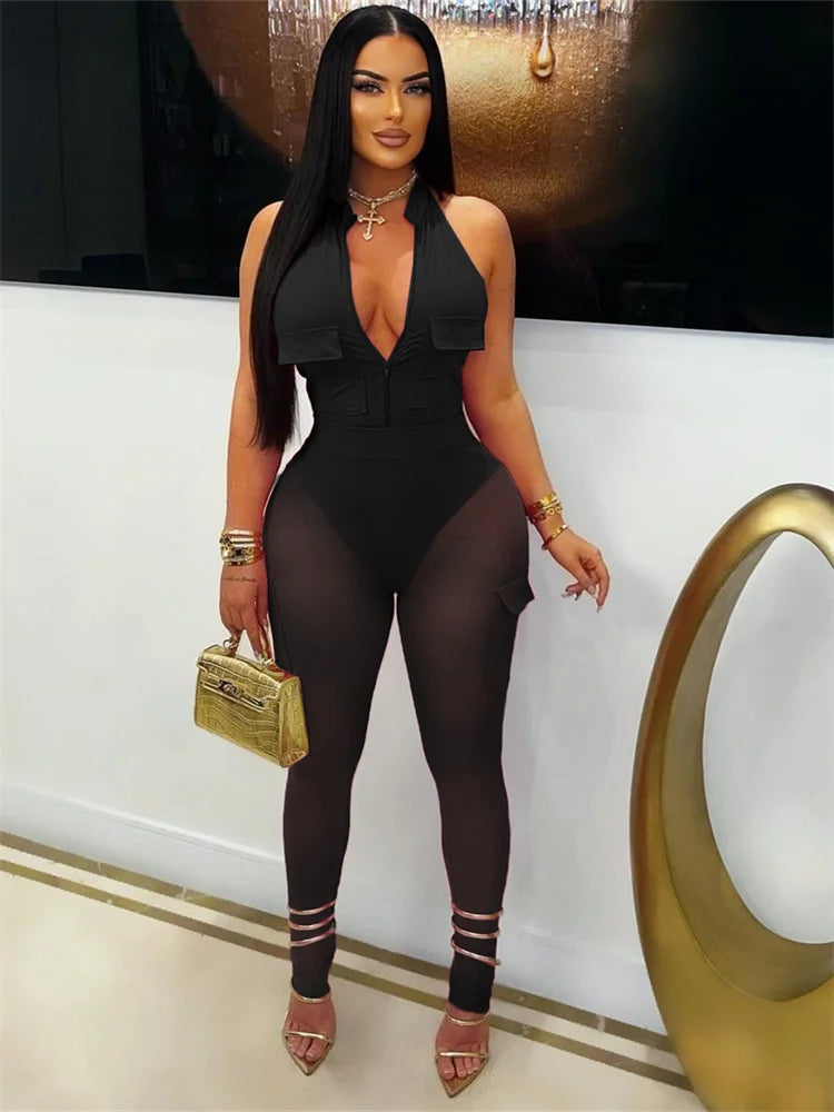 Mesh Patchwork Jumpsuits Women Halter Low-Neck Multiple Pockets Skinny Peach Hip Midnight Hipster Club Party Outfits