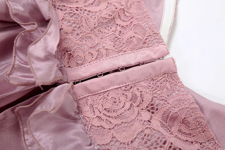 See Through Irregular Large Hem Women Edible Tree Fungus One Shoulder Patchwork Lace Sweet French Style Chic Vestidos