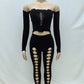 Sexy Women Thick 2 Piece Set Rhinestones Straight Collar Hollow Crop Tops+Leggings Midnight Stretch Clubwear Outfits