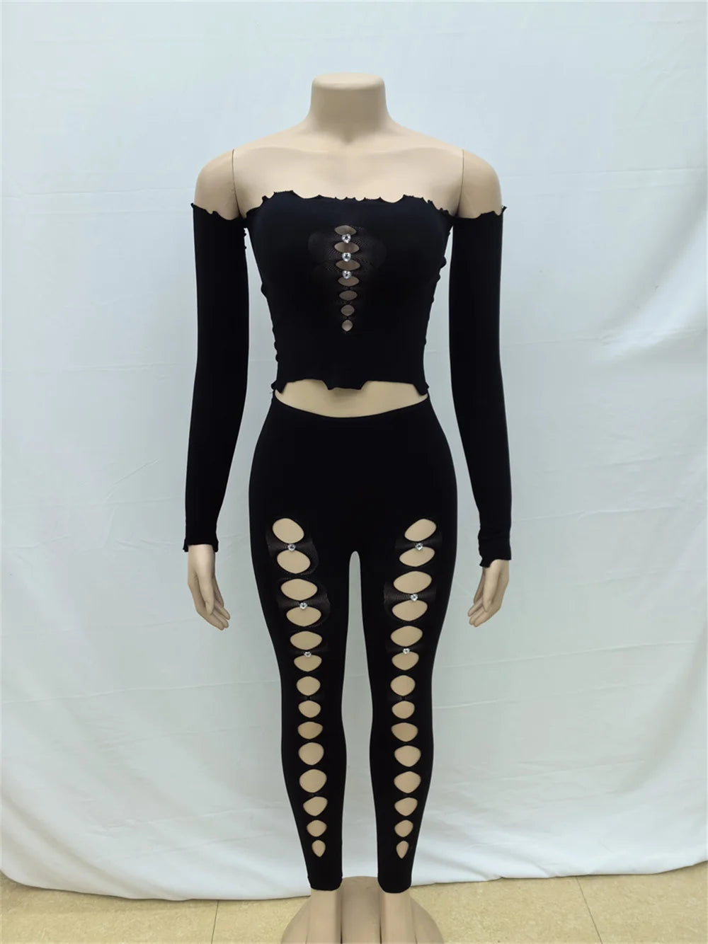 Sexy Women Thick 2 Piece Set Rhinestones Straight Collar Hollow Crop Tops+Leggings Midnight Stretch Clubwear Outfits