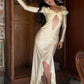Slash Neck Ruffled Patchwork Satin Dress Women Sexy Hollow Irregular Hem Full Sleeve Elegant Chic Party Club Long Bodycon
