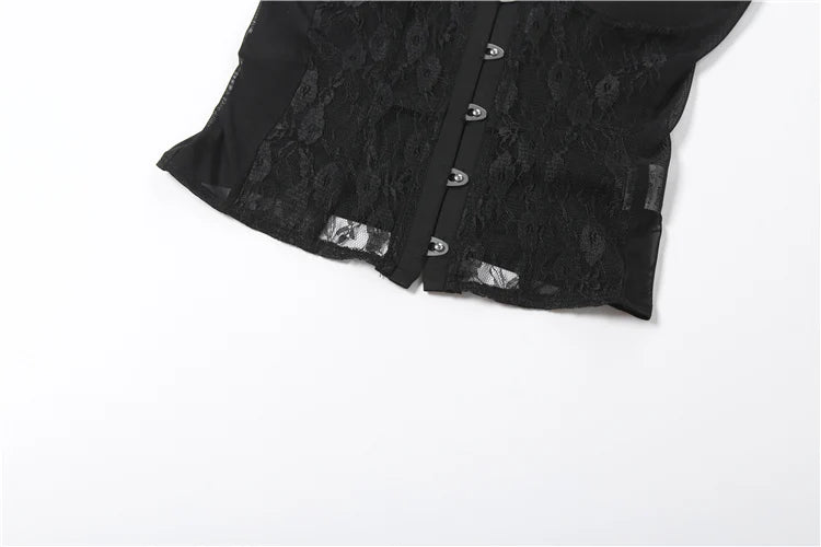 Patchwork Lace Camisole Single Row Buckle Low-Neck See Through Sexy Hottie Street Midnight Fashion Skinny Classic Tops