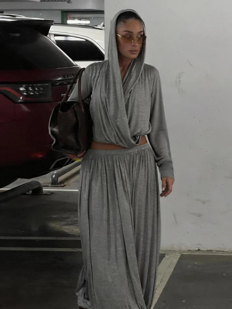 Fashion 2 Piece Set Women Hottie Simple Cross V-Neck Hooded Crop T-Shirt+Ruched Long Skirts Trend Party Street Suits