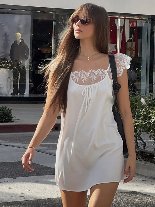 Lace Trim Satin White Dresses for Woman Summer 2026 Square Neck Short Sleeve Mini Dress