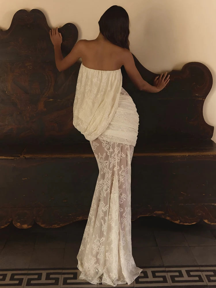 Ruched Elegant Gown Dress Woman Sexy Wrap Chest Backless Sleeveless Lace Patchwork Design Evening Party Long Bodycon