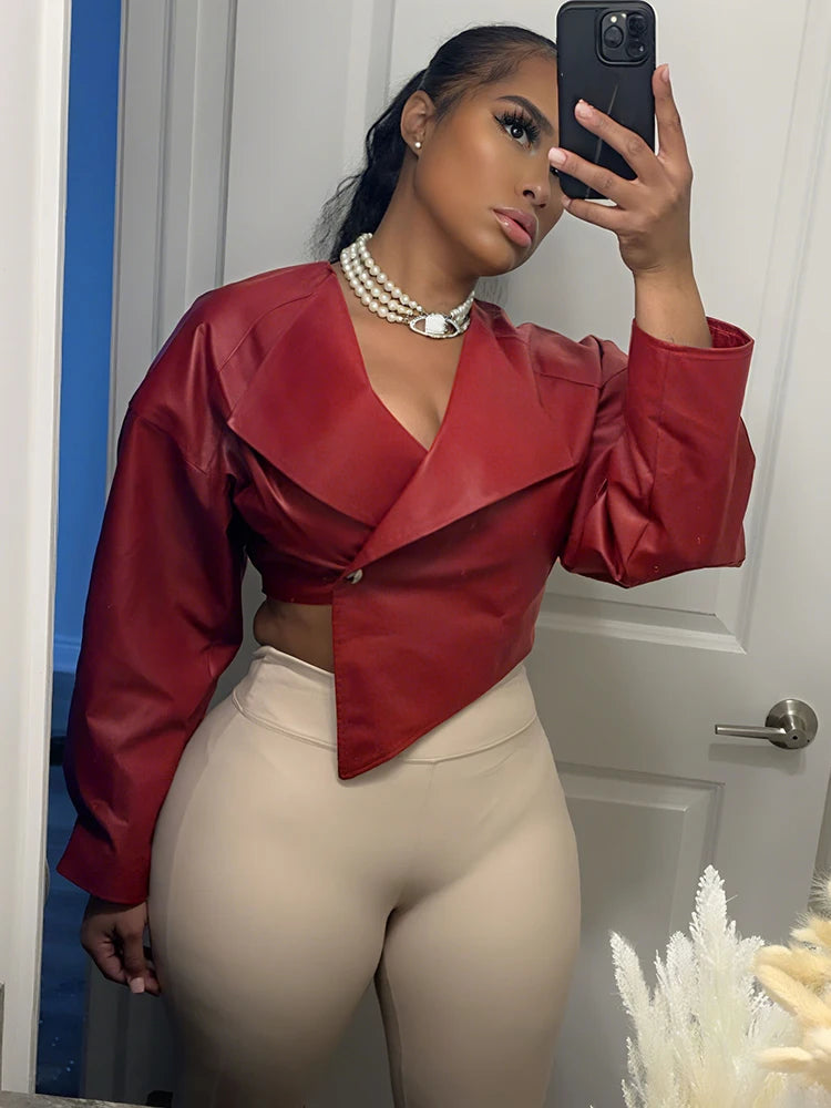 Faux Leather Crop Jacket Women Cross Neck Hipster Single Button Irregular Fall Trend Wild Basic Sexy Streetwear Coat
