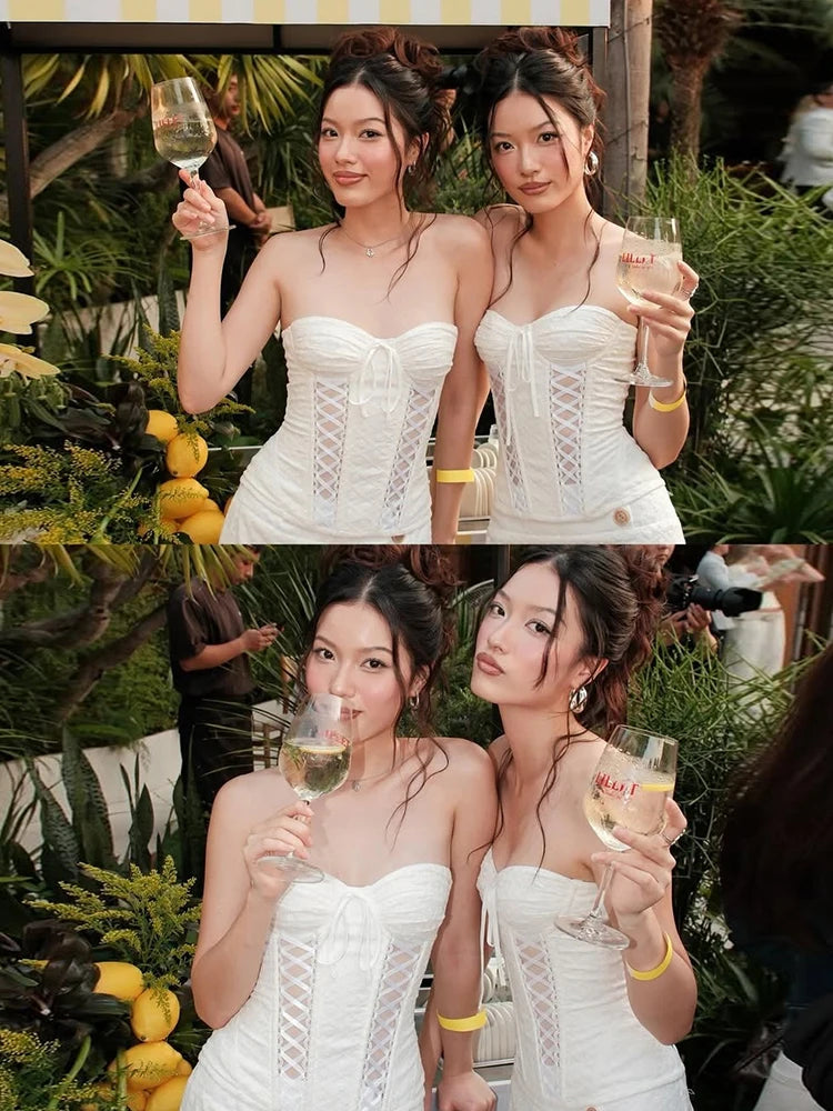 Bandage Tassel Tank Tops Cross Patchwork Jacquard Folds Low-Neck Music Festival Party Summer Sexy Hottie Streetwear