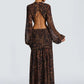 Leopard Print Long Sleeve Sexy Maxi Dress Women Fashion Hollow Out Backless Draped Ruched Bodycon Club Party Long Dress