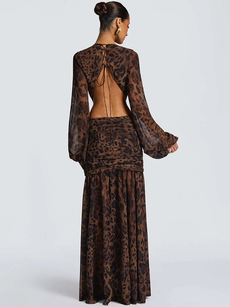 Leopard Print Long Sleeve Sexy Maxi Dress Women Fashion Hollow Out Backless Draped Ruched Bodycon Club Party Long Dress