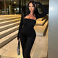 Ribbed-knit Black Jumpsuit Sexy Winter Outfits Woman Sport Two Piece Set Tube Bodycon Jumpsuit and Cardigan