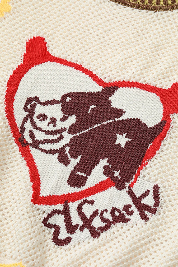 Women's Crochet Knitwear with Heart Animal Pattern, Short Sleeve Color Block Trim Top, Casual Retro Tee for Summer