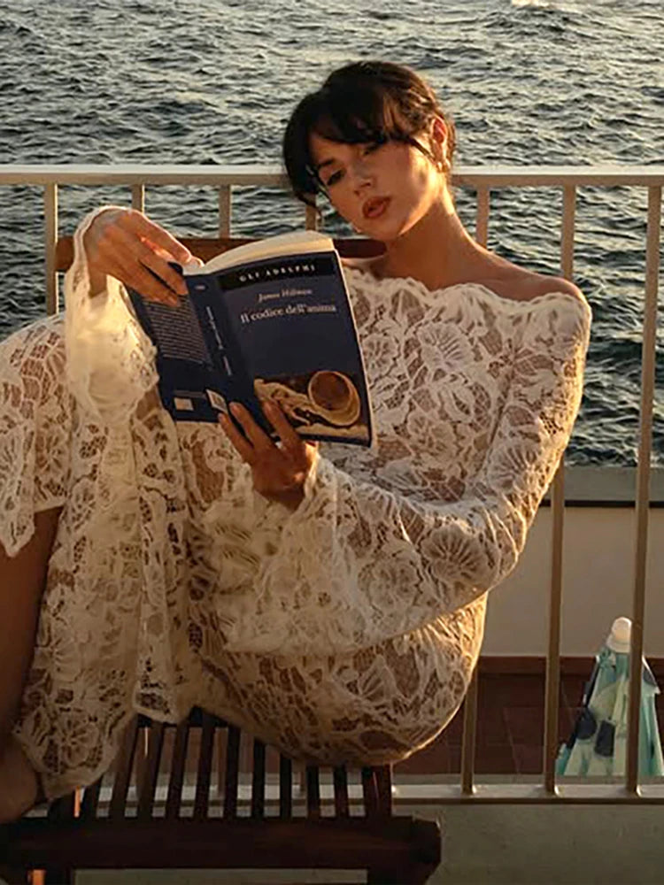 Sexy Jacquard Mesh Dress Women Wave Slash Neck Flare Sleeve Lace Elegant Evening Birthday Prom Party Skinny Bodycon