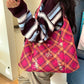 2025 Winter New Arrivals Casual Y2K Cartoon Rabbit Color Block Plaid Tote Bag For Woman
