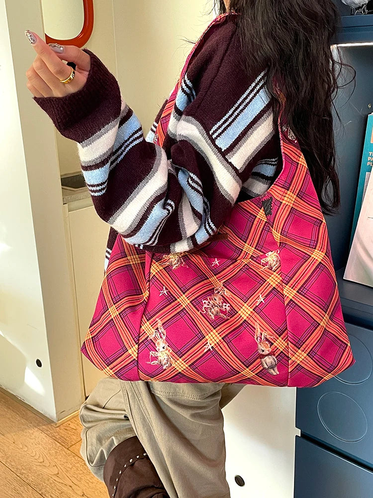 2025 Winter New Arrivals Casual Y2K Cartoon Rabbit Color Block Plaid Tote Bag For Woman