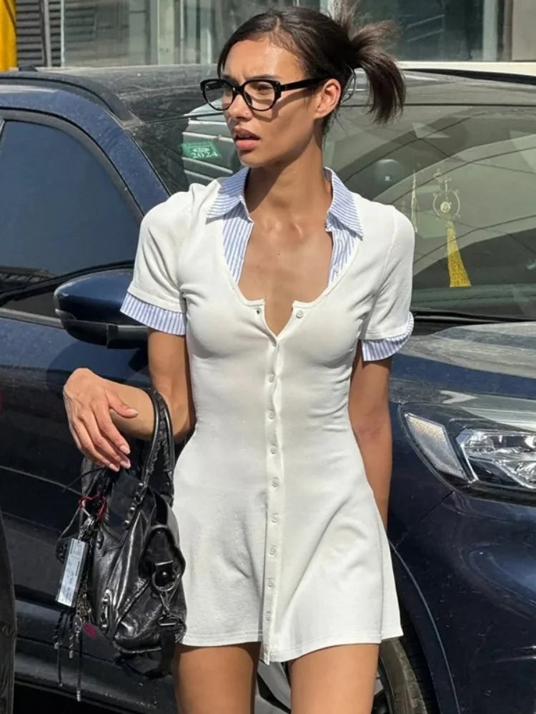 Fashion Patchwork Button Up Short Sleeve Shirt Dress Woman Clothes Office Casual White Black Grey Mini Dress