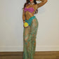 Women Halloween Mermaid Costume Cosplay 2pcs Set Halter Neck Pearled Bra + Fancy Sequins Sheer Mesh Fishtail Long Skirt