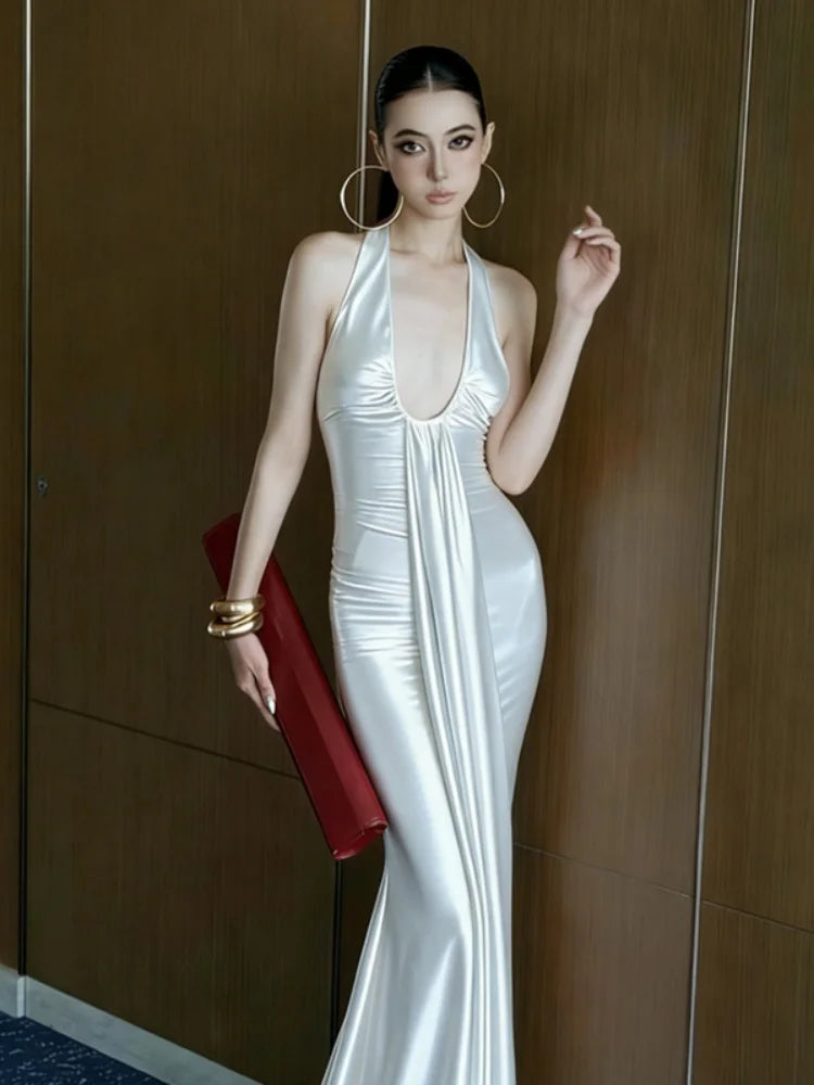 Woman Evening Dresses 2026 Luxury Elegant Sexy Satin Halter Neck Backless Maxi Dress