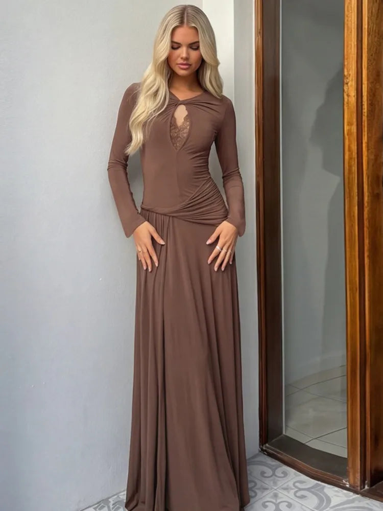 Women Maxi Dress Long Sleeve Twisted Neck Cutout Lace Detail Waist Ruched Sash Bodycon Formal Evening Party Long Dress
