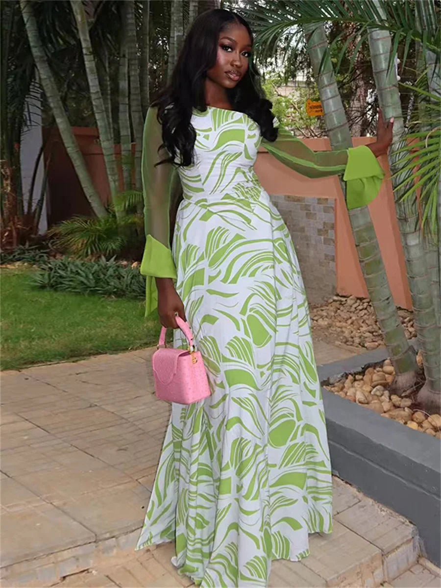 Sexy Air Print Dress Women Fashion Skew Collar Mesh Puff Sleeve Patchwork Off-Shoulder Elegant Party Club Bodycon