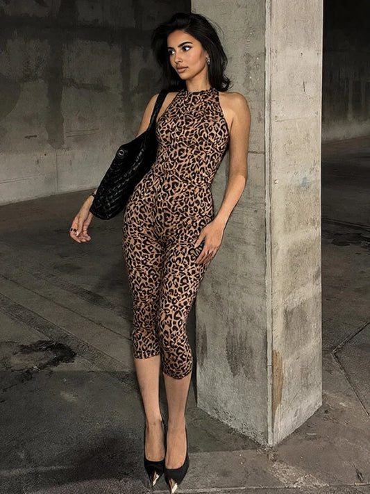 Sexy Leopard Print Romper Women Flocking Backless Tight Bandage Midnight Hipster Street Activity Sleeveless Playsuits