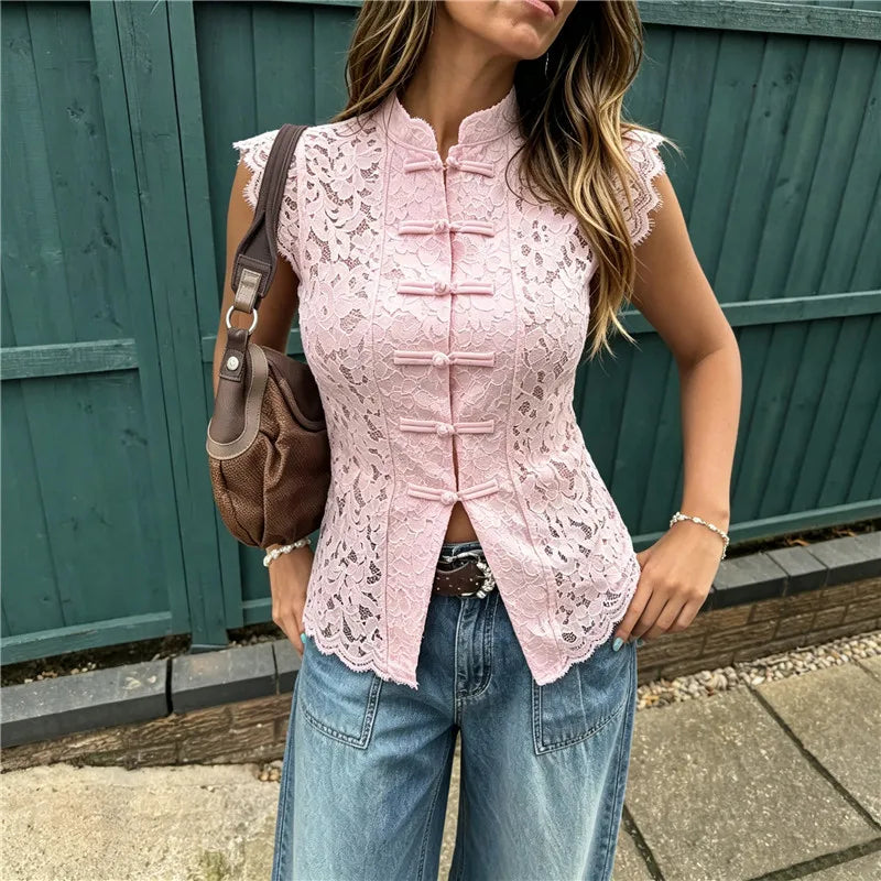 Lace Sleeveless Top Women Mandarin Collar Cap Sleeve Hollow Floral Lace Shirt Frog Buttons Slim Cropped Split Front Tops