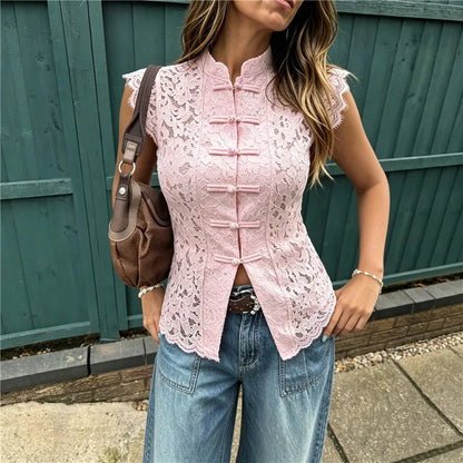 Lace Sleeveless Top Women Mandarin Collar Cap Sleeve Hollow Floral Lace Shirt Frog Buttons Slim Cropped Split Front Tops