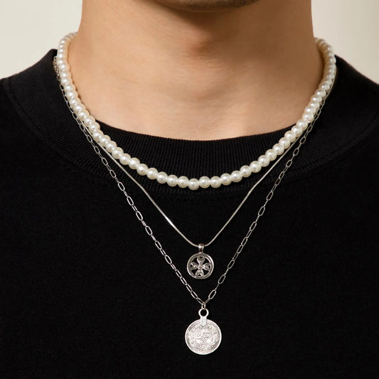 Vintage Goth Imitation-Pearl Coin Pendant Choker Necklace for Men Fashion Statement Punk Snake Chain Grunge Jewelry Steampunk