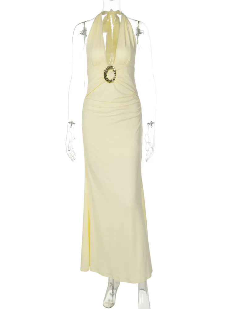 Halter Deep V Neck Backless Sexy Maxi Dress Women Elegant Off-shoulder Sleeveless Bodycon Club Party Long Dress Female