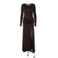 Women Long Sleeve Boat Neck Sexy Maxi Dress Draped Ruched Waist High Split Bodycon Formal Evening Party Long Dress