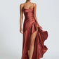 Satin Spaghetti Strap Ruffle Sexy Maxi Dress Women Off-shoulder Sleeveless Backless Thigh High Split Club Party Dress