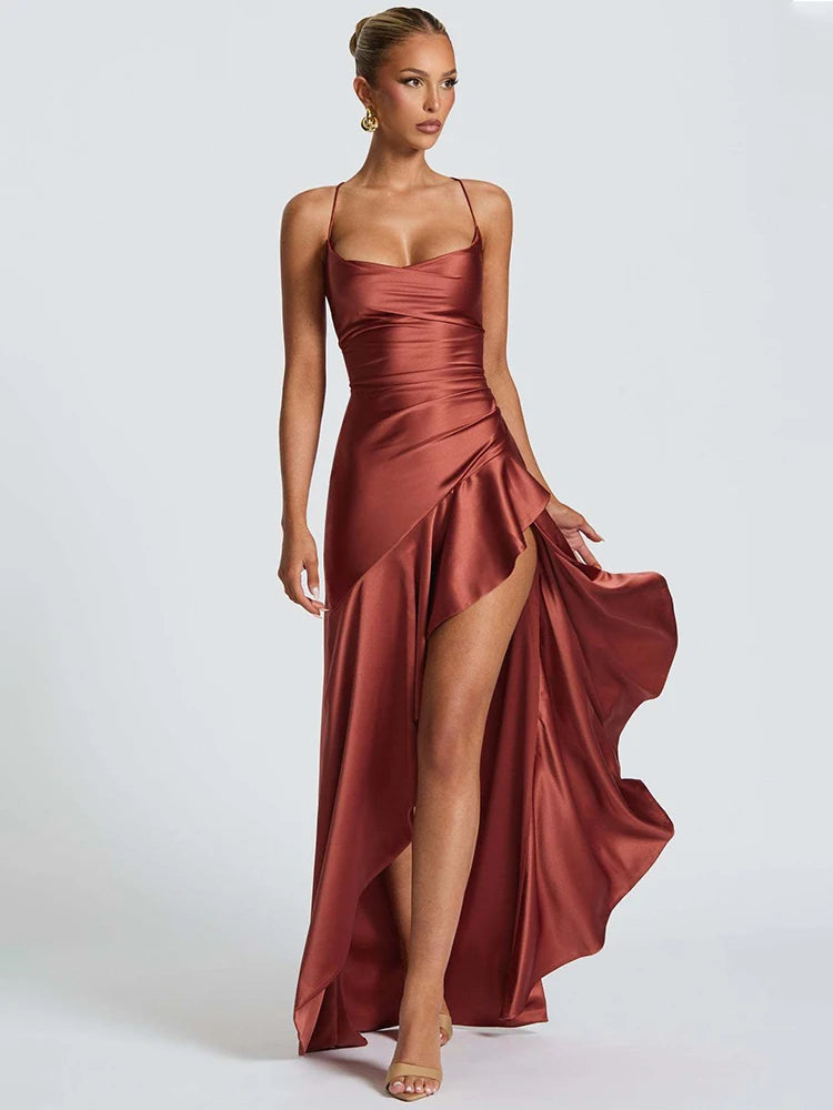 Satin Spaghetti Strap Ruffle Sexy Maxi Dress Women Off-shoulder Sleeveless Backless Thigh High Split Club Party Dress