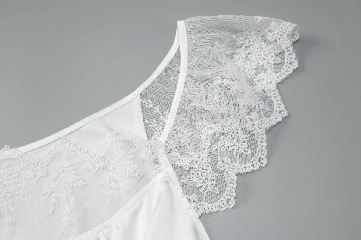 Lace Trim Satin White Dresses for Woman Summer 2026 Square Neck Short Sleeve Mini Dress