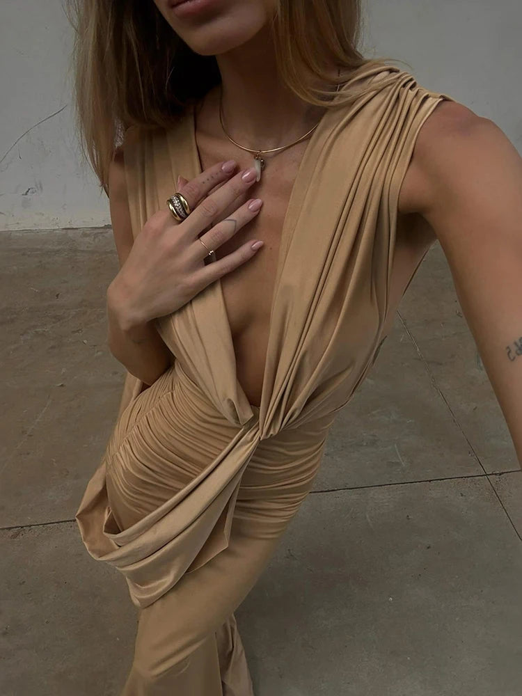 Ribbon Decoration Long Dresses Woman Ruched Elegant Deep V-Neck Sleeveless Backless Street Solid Basic Classic Vestidos