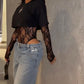 Sexy Women Crop Top+Lace Jacquard Full Sleeve Bodysuit Hottie Street Clubwear Slim Wild Matching Basic Skinny Tees