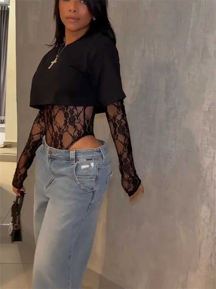 Sexy Women Crop Top+Lace Jacquard Full Sleeve Bodysuit Hottie Street Clubwear Slim Wild Matching Basic Skinny Tees