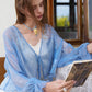Women's Sheer Shimmer Knit Cardigan with Flared Cuffs, Thin Open Front Blue Shrug for Sun Protection, Holiday Crop Top