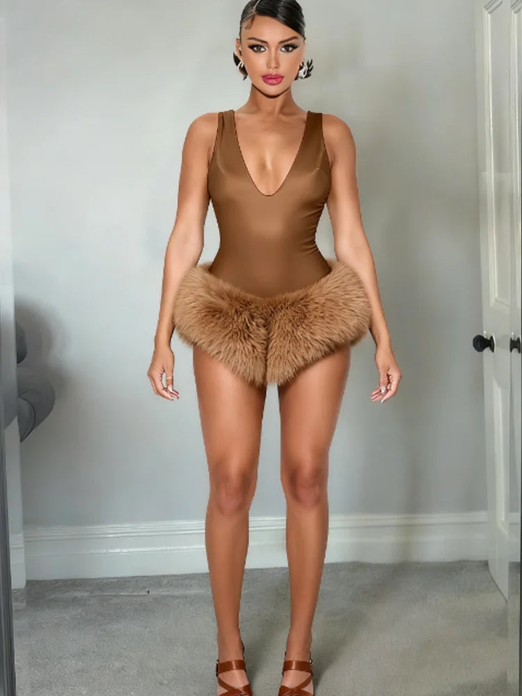 Faux Leather Backless Furry Patchwork Hem Bodysuits Woman Skinny Low-Neck Sleeveless Hot Girls High Street Style Outfits