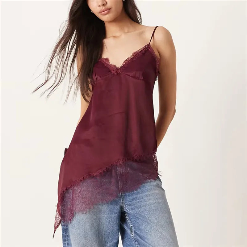 Womens Satin Camisole Tops Stylish Solid Color Lace Trimmed Asymmetric Cut Sleeveless Spaghetti Strap Vest Summer Street