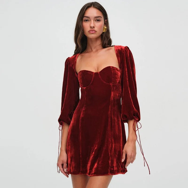 Velvet Short Party Dresses for Women Clothing Sexy Elegant Square Neck Long Sleeve Backless Dress Winter