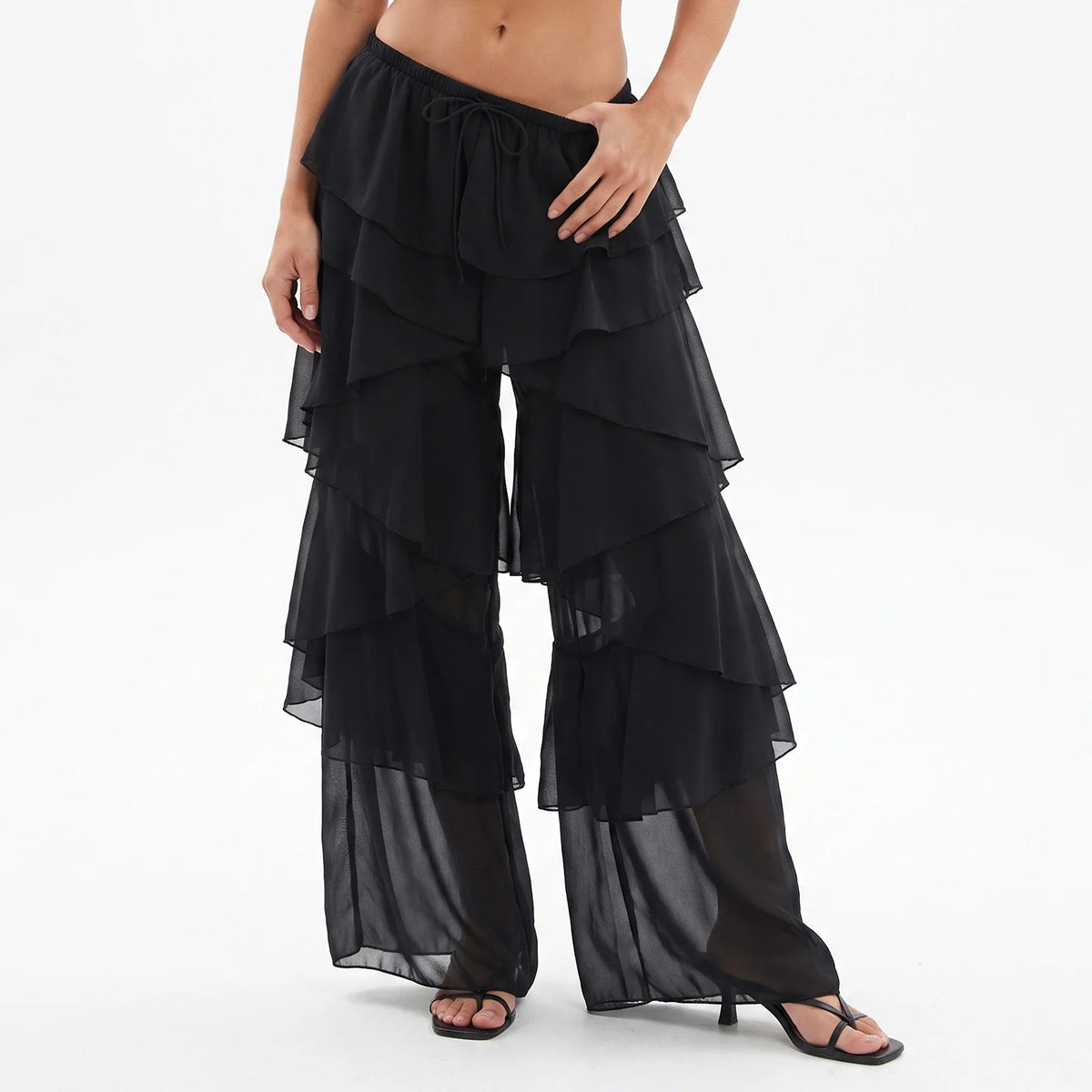 Tiered Ruffle Sheer Chiffon Wide Leg Pants Women Beach Bikini Cover Up Drawstring Waist Casual Vacation Trousers