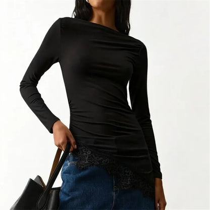 Women Boat Neck Long Sleeve Slim Fitted Top Ruched Side Asymmetrical Lace Hem Y2K Casual Daily Spring Fall Blouse Tops