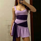 Summer Color Block Mini Dress Women Wide Strap Sweetheart Neck Side Sash Tie Fake Two Piece Skort Dress Beach Vacation