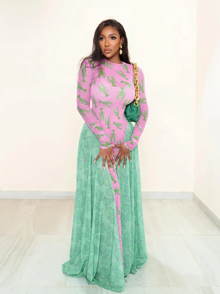 Contrast Patchwork Long Dress Women Crayfish Print o-Neck Full Sleeve See Through Hem Autumn Fashion Elegant Vestidos